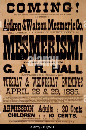 Poster announcing a magic show, reads: 'Coming! Aitken & Watson Mesmeric Co. will commence a series of entertainments in mesmerism! to be held in G.A.R. Hall, Attleboro, Mass. on Tuesday & Wednesday evenings, April 28 & 29' a What Cheer Show Print, 1885. Stock Photo