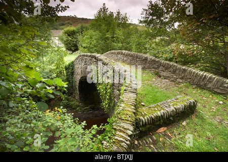 Old arched foot bridge across the East Lyn river, Brendon, Exmoor National Park, Devon, England, UK Stock Photo