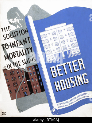 Poster promoting better housing as a solution for high rates of infant mortality in the slums, showing a blueprint of new housing next to existing tenement buildings over which stands the figure of Death, text reads: 'Better housing The solution to infant mortality in the slums', New York Federal Art Project, poster by Benjamin Sheer, 1936. Stock Photo