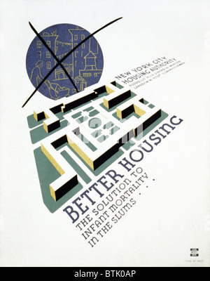 Poster promoting better housing as a solution for high rates of infant mortality in the slums, showing a planned housing community and in the background a crossed-out telescopic view of tenement housing, text reads: 'Better housing The solution to infant mortality in the slums', New York Federal Art Project, poster by Anthony Velonis, 1936-1938. Stock Photo
