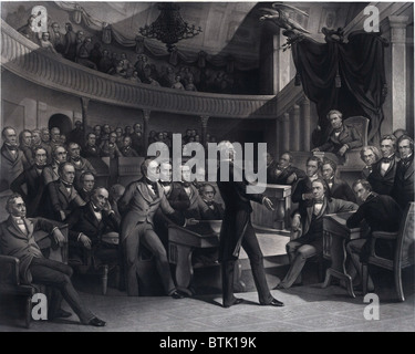 Henry Clay (1777-1852) addressing the U.S. Senate to with his plan, called the Compromise of 1850, which averted Civil War for ten years. Daniel Webster is seated to the left of Clay, and John C. Calhoun is on the left of the Speaker's chair. Stock Photo