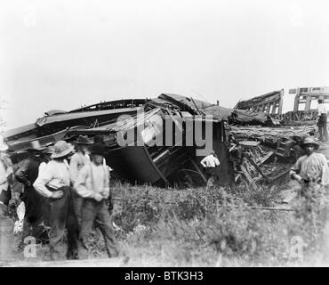 View of the great railroad wreck, The most appalling railroad disaster on the Continent, a portion of the nine cars which were piled in a space 40 x 60 feet, near Chatsworth, Illinois, of the Niagara Excursion Train, at midnight, photograph by Harlan Holferty, August 10, 1887 Stock Photo