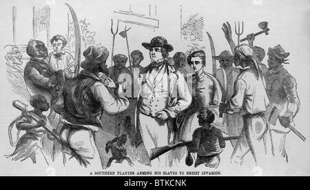 After John Brown's Harpers Ferry raid of October 16-18, 1859, slave owners feared abolitionist provoked slave rebellions. Engraving shows a Southern planter handing weapons to his slaves, in hopes they would fight on his side in such a battle. During the Civil War, most slaves left their owners at the first opportunity. Stock Photo