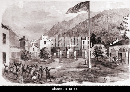 John Brown's Harper's Ferry insurrection on October 17, 1859. Captain Albert's militia firing on Brown's insurgents from the railroad bridge, trapping Brown's group in the engine-house, a small brick building at the entrance to the Harper's Ferry Armory. Stock Photo