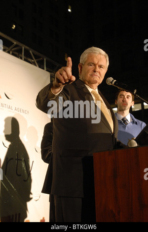 Former Speaker of the House Newt Gingrich speaks at a Tax Day Tea Party protest. Stock Photo