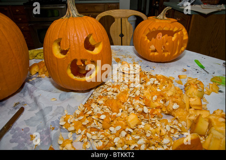 Carving Halloween Pumpkin With Seeds Stock Photo