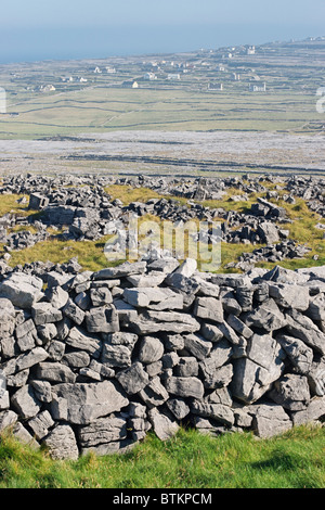 View over the outer wall of Dun Aonghasa, Aran Islands, County Galway, Connaught, Ireland. Stock Photo