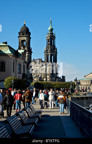 Bruhl's Terrace waterfront walkway along Elbe River busy with tourists pedestrians in historic old Dresden Stock Photo