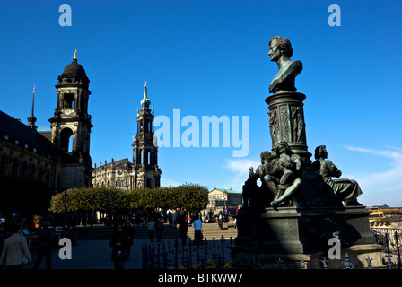 Bruhl's terrace along Elbe River crowded with tourists pedestrians in historic old Dresden Stock Photo