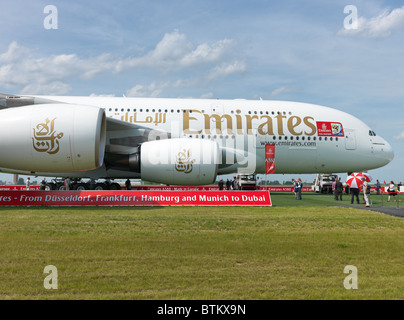 Airbus A380-800 of the Emirates airline. Airshow display at the ILA Berlin 2010.  High Res digital medium format camera shot. Stock Photo