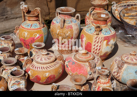 A selection of replicas of ancient Greek pottery displayed at an outdoor pottery market. Crete, Greece. Stock Photo