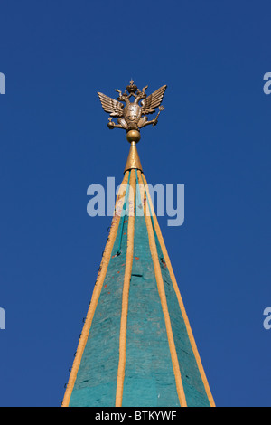 Spire of the Front Gate's tower with the double-headed eagle. Kolomenskoye estate, Moscow, Russia. Stock Photo