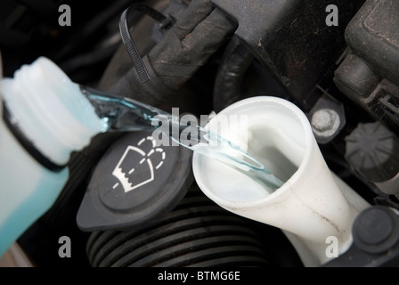 Filling Windscreen Washer Bottle with Screenwash Stock Photo