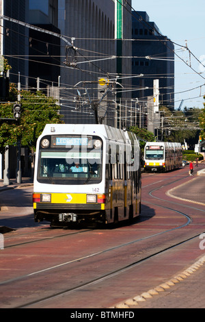 Dallas Area Rapid Transit (DART) Light Rail trains meet in downtown Dallas, Texas. Stock Photo