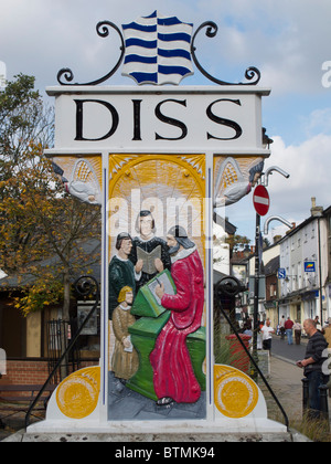 The Norfolk town Sign of Diss in the Mere's Mouth Stock Photo