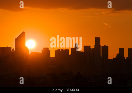 Skyline of Midtown Manhattan with the Citicorp Center, at sunset, New York City. Stock Photo