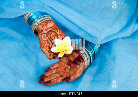 Indian girl wearing a blue sari with henna hands holding a Frangipani flower. India Stock Photo