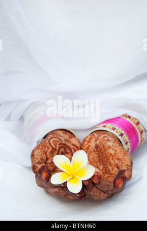 Indian girl wearing a white sari with henna hands holding a Frangipani flower. India Stock Photo