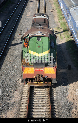 A locomotive at the Brest Central Railway Station, Brest, Belarus Stock Photo