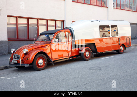 A vintage Citroen 2CV car equipped as a mobile home as seen in Karlskrona, Sweden. Stock Photo