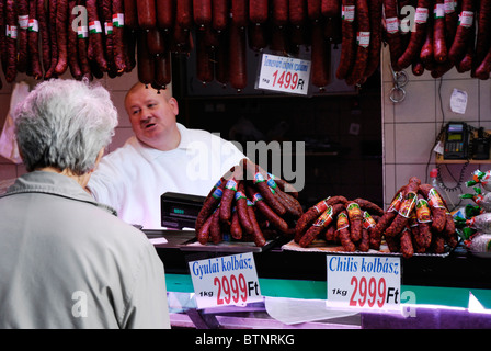 The Central Market (Nagy vásárcsarnok) in Budapest, Hungary, is a great place to buy salami, meat and vegetables. Stock Photo