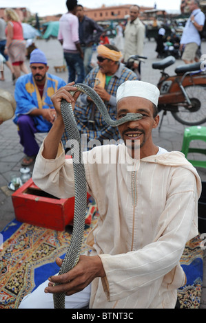 Snake charmer entertainment in Djemaa el Fna, Marrakesh. Stock Photo