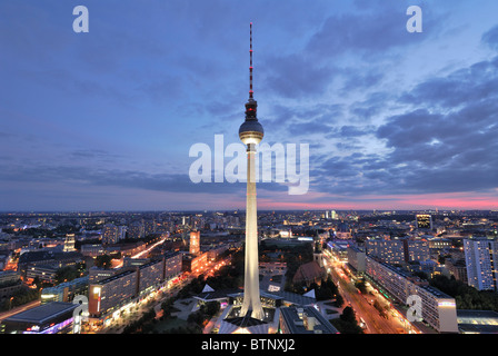 Berlin. Germany. Dusk view of the Berlin skyline with Fernsehturm (TV Tower) Alexanderplatz. Stock Photo