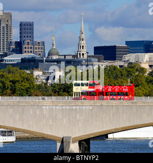 Waterloo Bridge sign and London tour bus Stock Photo