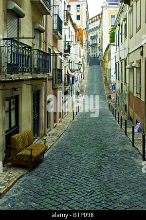 Cobbled street in Bairro Alto, Lisbon, Portugal Stock Photo