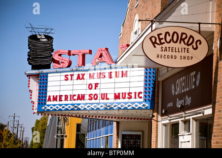 Marquee sign outside the STAX Museum of American Soul, Memphis, Tennessee, USA and its Satellite record shop, Stock Photo
