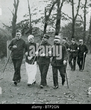 The French soldiers pictured in this photo taken 1916-1917 were blinded while on duty in World War I. Stock Photo