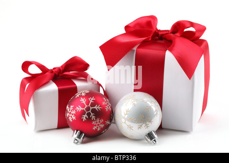 Christmas Gift Box with bauble. Stock Photo