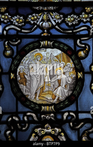 A stained glass window by C E Kempe & Co depicting Jesus' Charge to St Peter, Church of St Peter & St Paul, Longbridge Deverill, Wiltshire Stock Photo