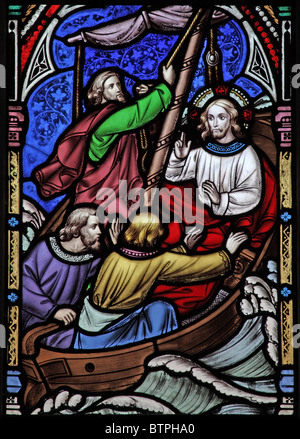 A stained glass window by William Wailes depicting Jesus Calming the Storm on the Sea of Galilee, St Michael's Church, Brixton Deverill, Wiltshire Stock Photo