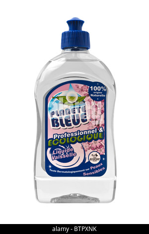 A bottle of an organic washing up liquid photographed on a white background. Flacon de liquide vaisselle écologique. Stock Photo