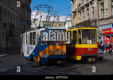 Trams central Lviv western Ukraine Europe Stock Photo