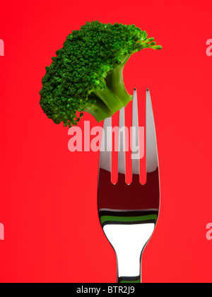 steamed broccoli sticking on a fork, red background Stock Photo