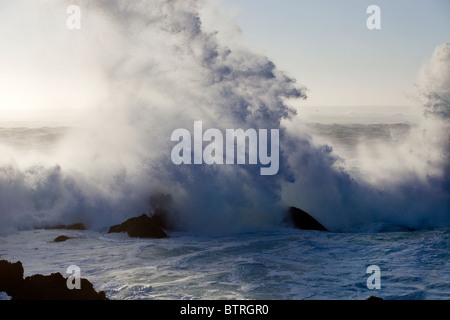 A large wave crashes over rocks along the California Coast. Stock Photo