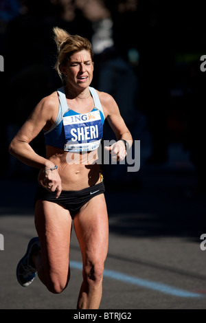 Sheri Piers of the United States in the 2010 ING NYC Marathon near mile 23. She finished 24th in the Women's Division Stock Photo