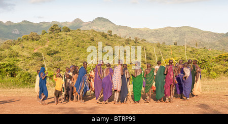 Donga stick fight ceremony, Surma tribe, Tulgit, Omo river valley, Ethiopia Stock Photo