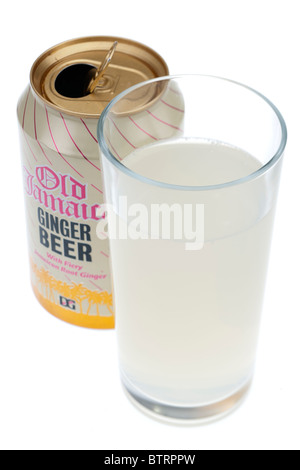 Glass of Old jamaica ginger beer with opened ring pull can Stock Photo