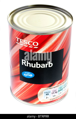 Can of Tesco rhubarb in light syrup Stock Photo