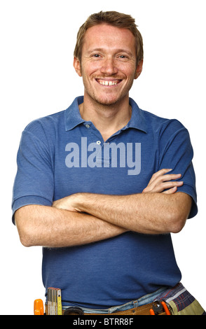 portrait of happy handyman on white background Stock Photo