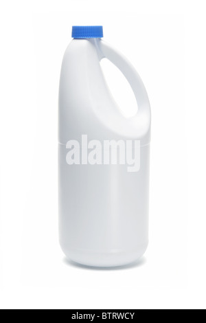 Plastic bottle of household detergent on white background