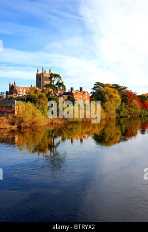 Hereford Cathedral and the River Wye, autumn Stock Photo