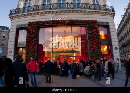 Paris, France, Cartier Jewelry Brands Store, Busy Street Scenes, 'Avenue Champs Elysees' Shop Front, Dusk, Crowd Shop Front Window Shopping Stock Photo