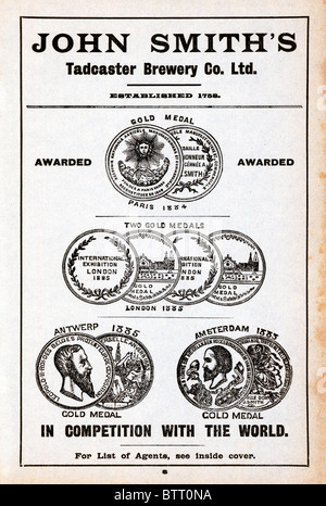 John Smiths, In Competition With The World , late Victorian advert for the Yorkshire brewer showing medals won for prize beers Stock Photo