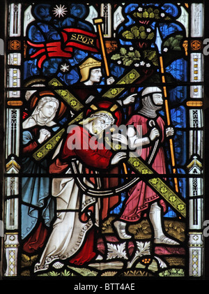 A stained glass window depicting The Passion of Christ, Church of St John the Evangelist, Sutton Veny, Wiltshire Stock Photo