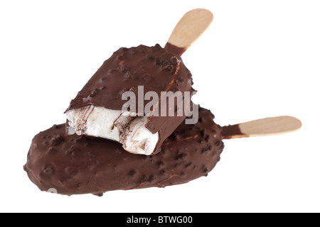 Two dark chocolate covered biscuit ice cream lollies with on sticks Stock Photo