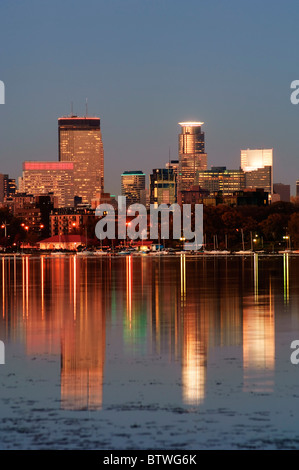 Minneapolis, Minnesota skyline at dusk reflected in Lake Calhoun. Stock Photo